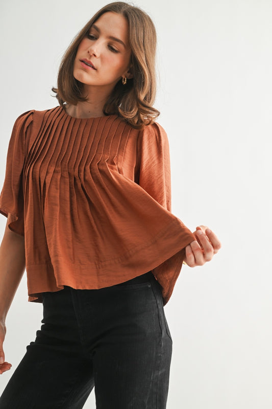 Pintuck Short Sleeve Blouse in Clay