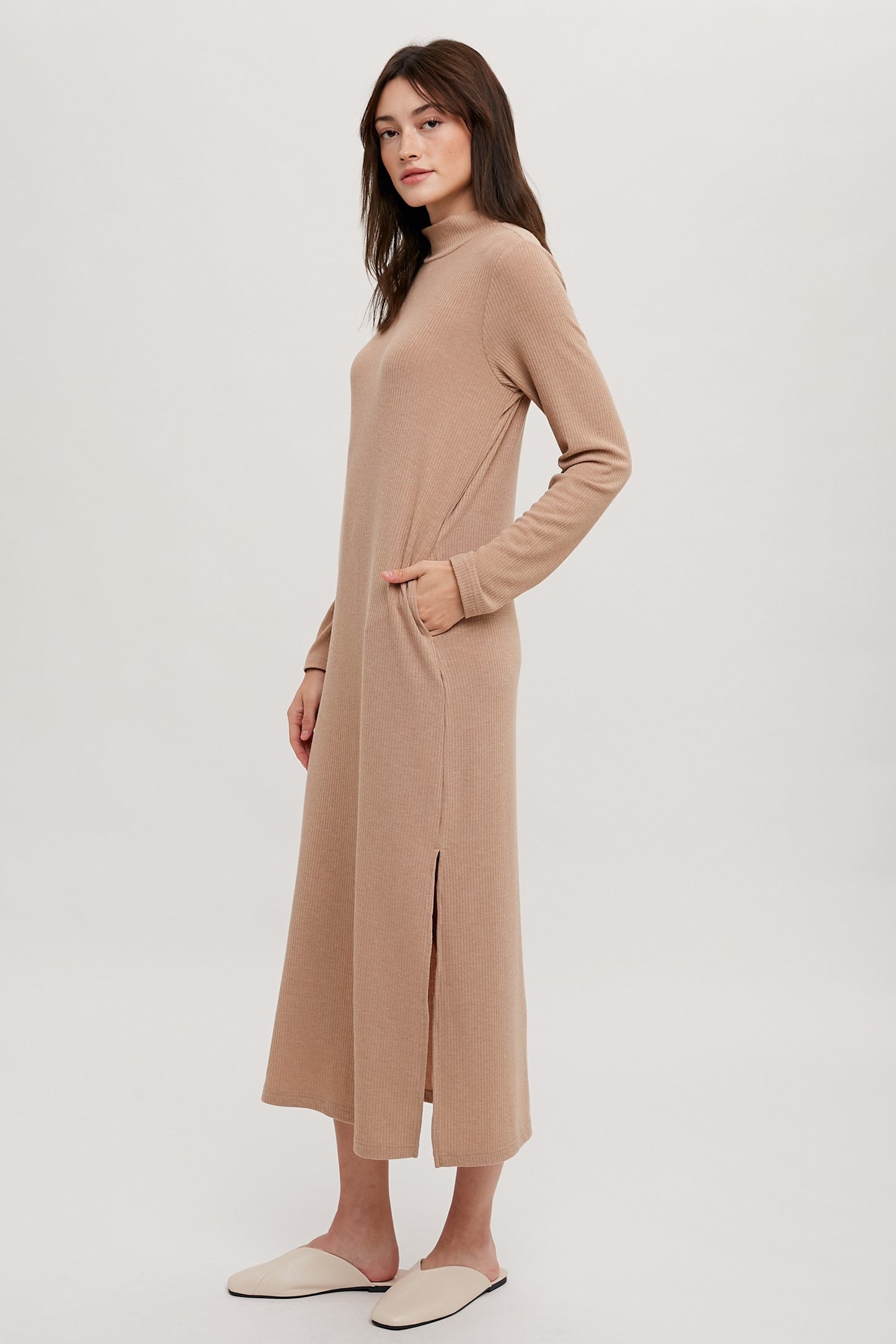 Mock Neck Knit Midi Dress in Taupe