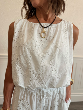 Sleeveless Bubble Hem Eyelet Top in White