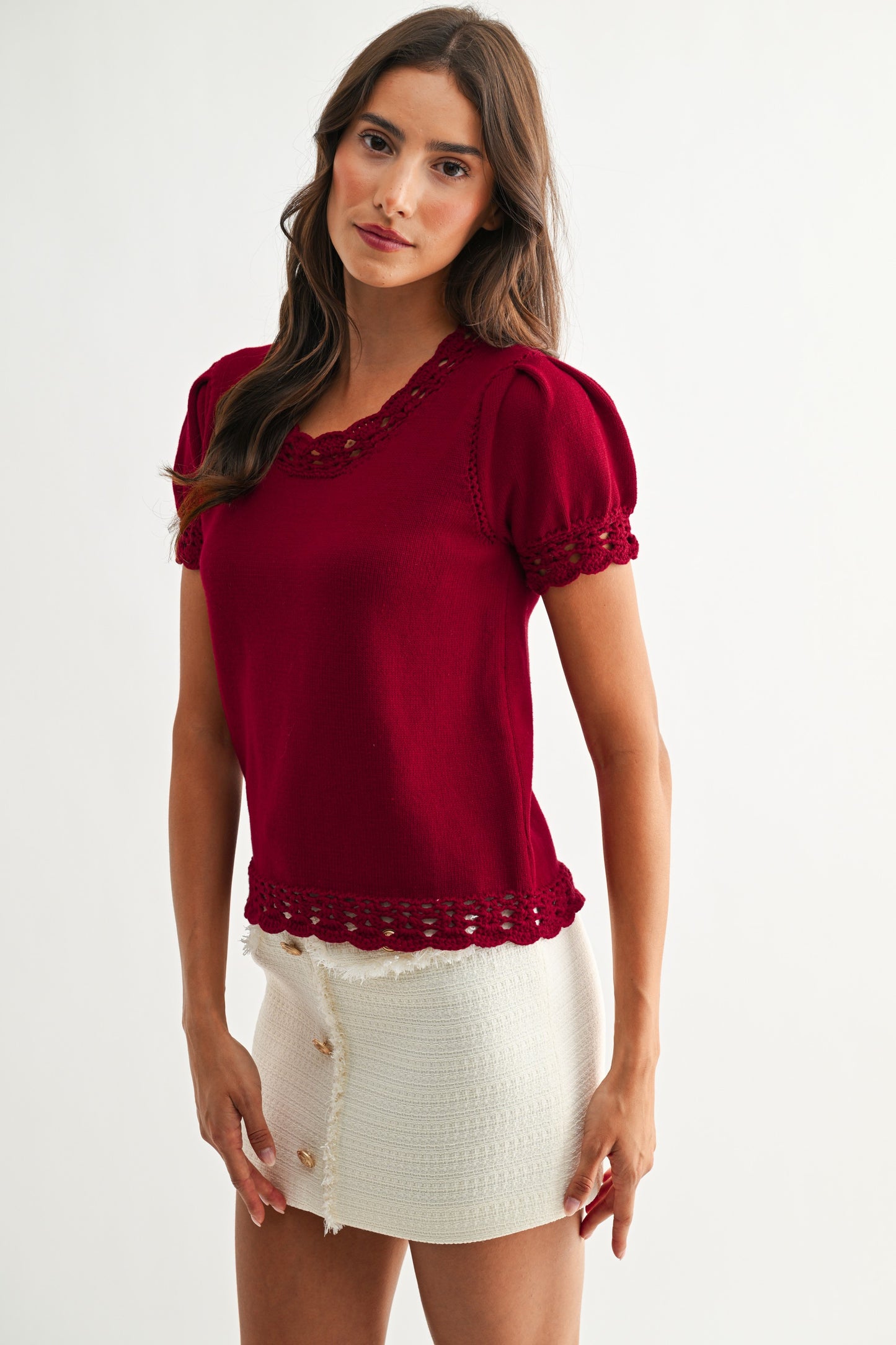 Scallop Trim Sweater in Crimson