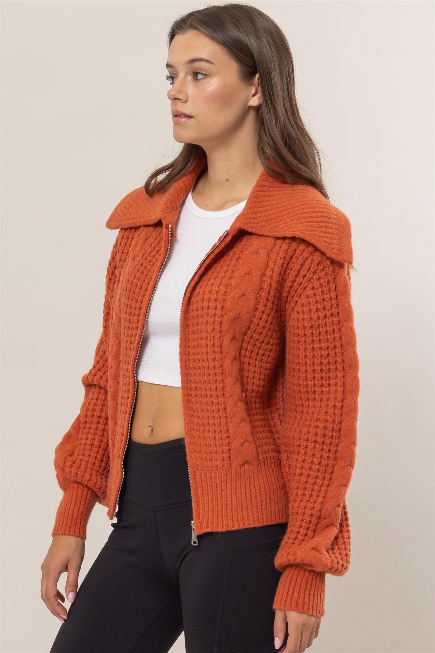 Chunky Front Zip Sweater in Rust