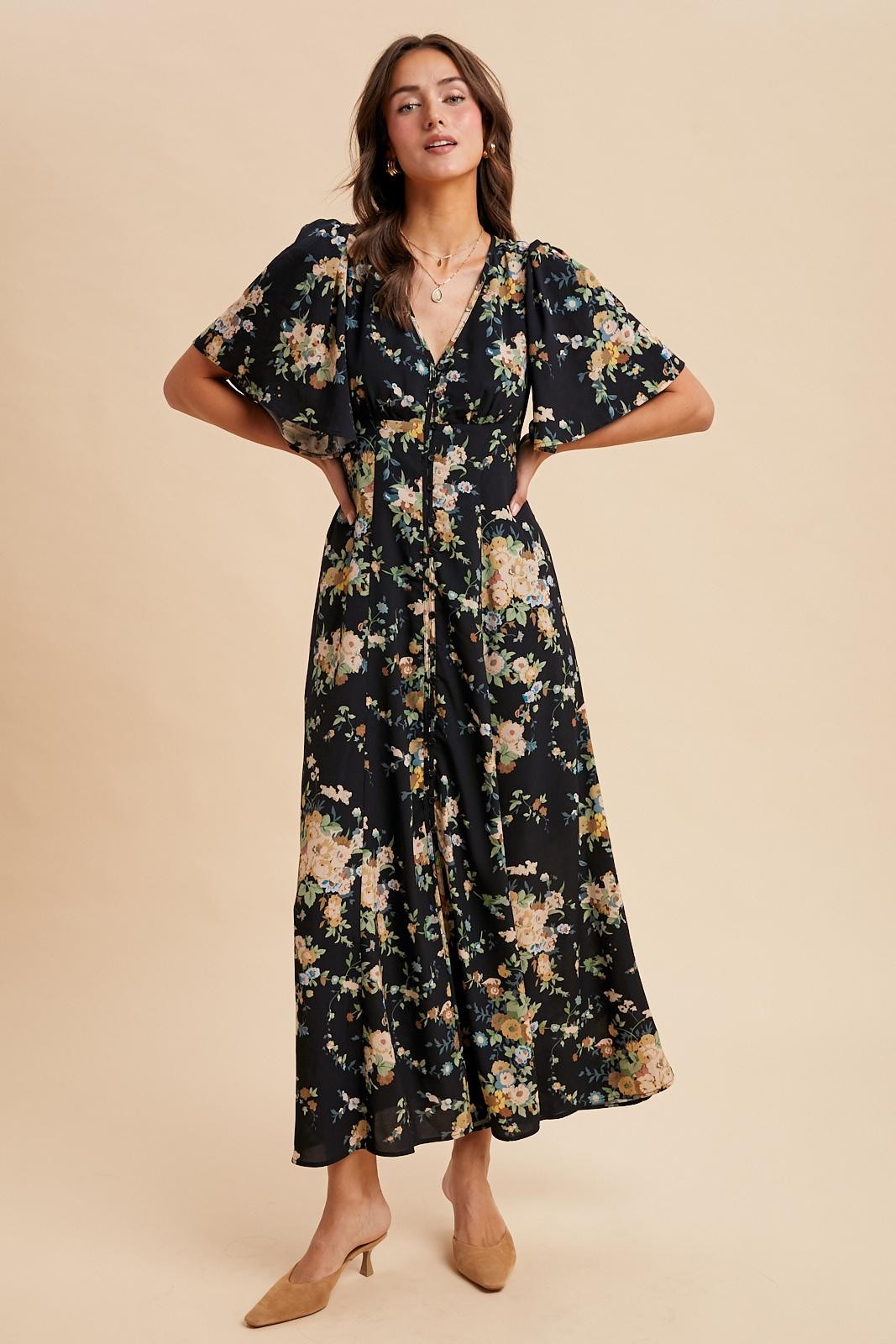 Floral Flutter Sleeve Maxi Dress