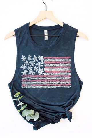Floral Flag Graphic Tank in Mineral Navy Blue
