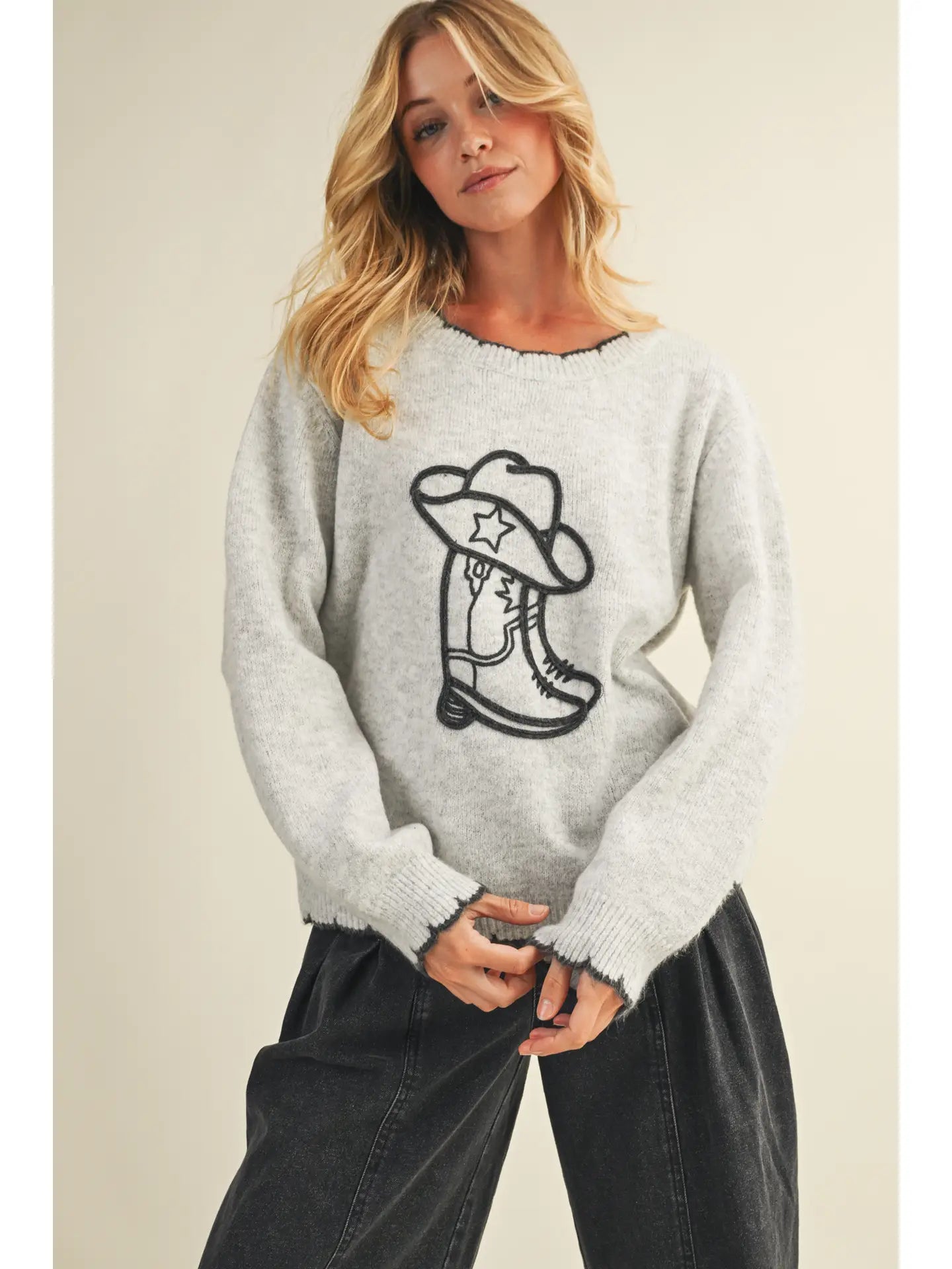 Chain Stitch Edge Sweater in Grey