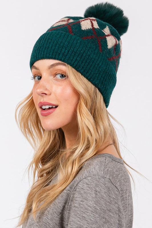 Argyle Fleece Pom Pom Beanie