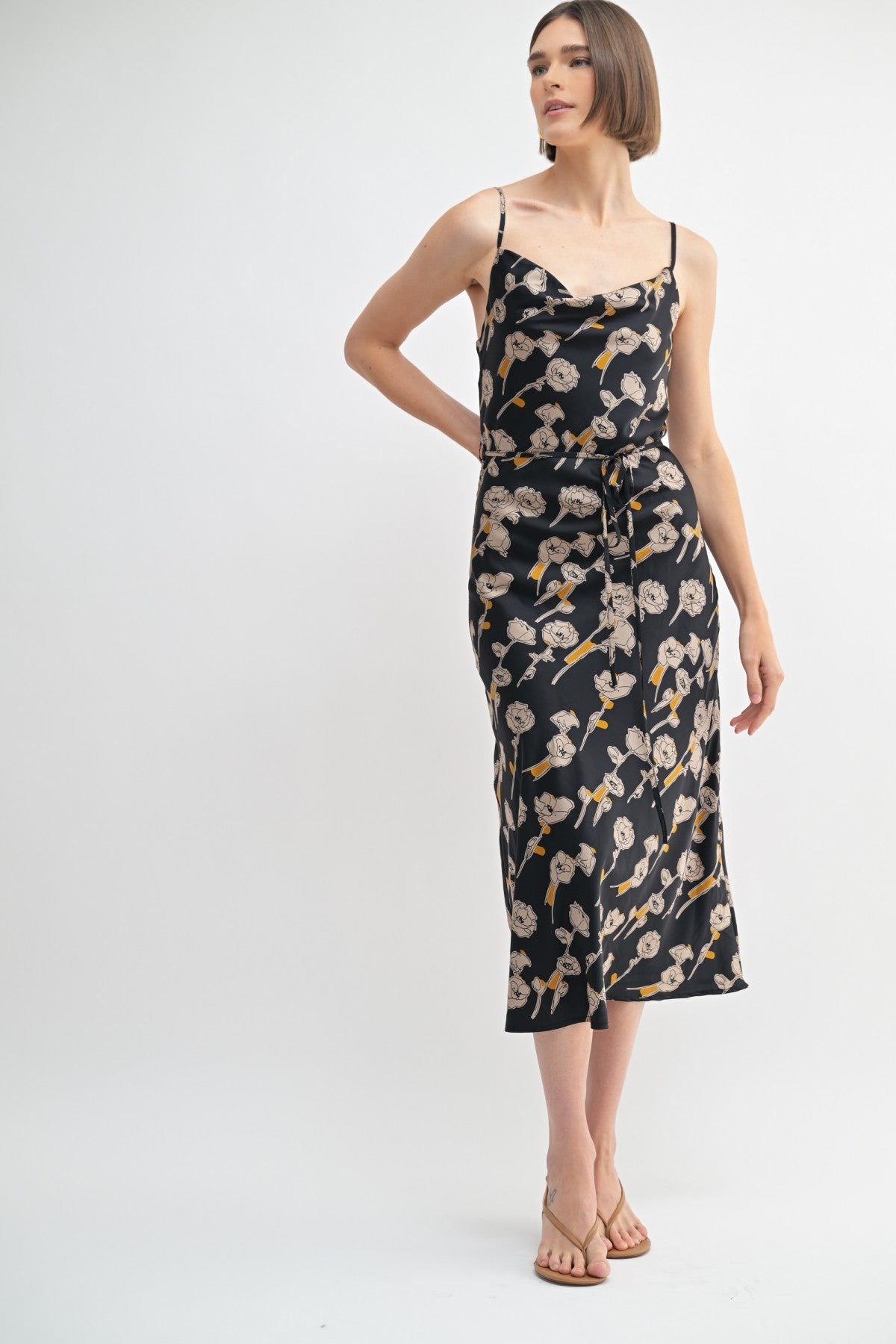 Flower Print Cowl Neck Dress