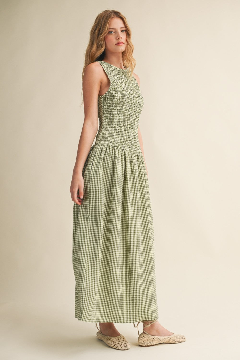 Long Smocked Bodice Maxi Dress in Green