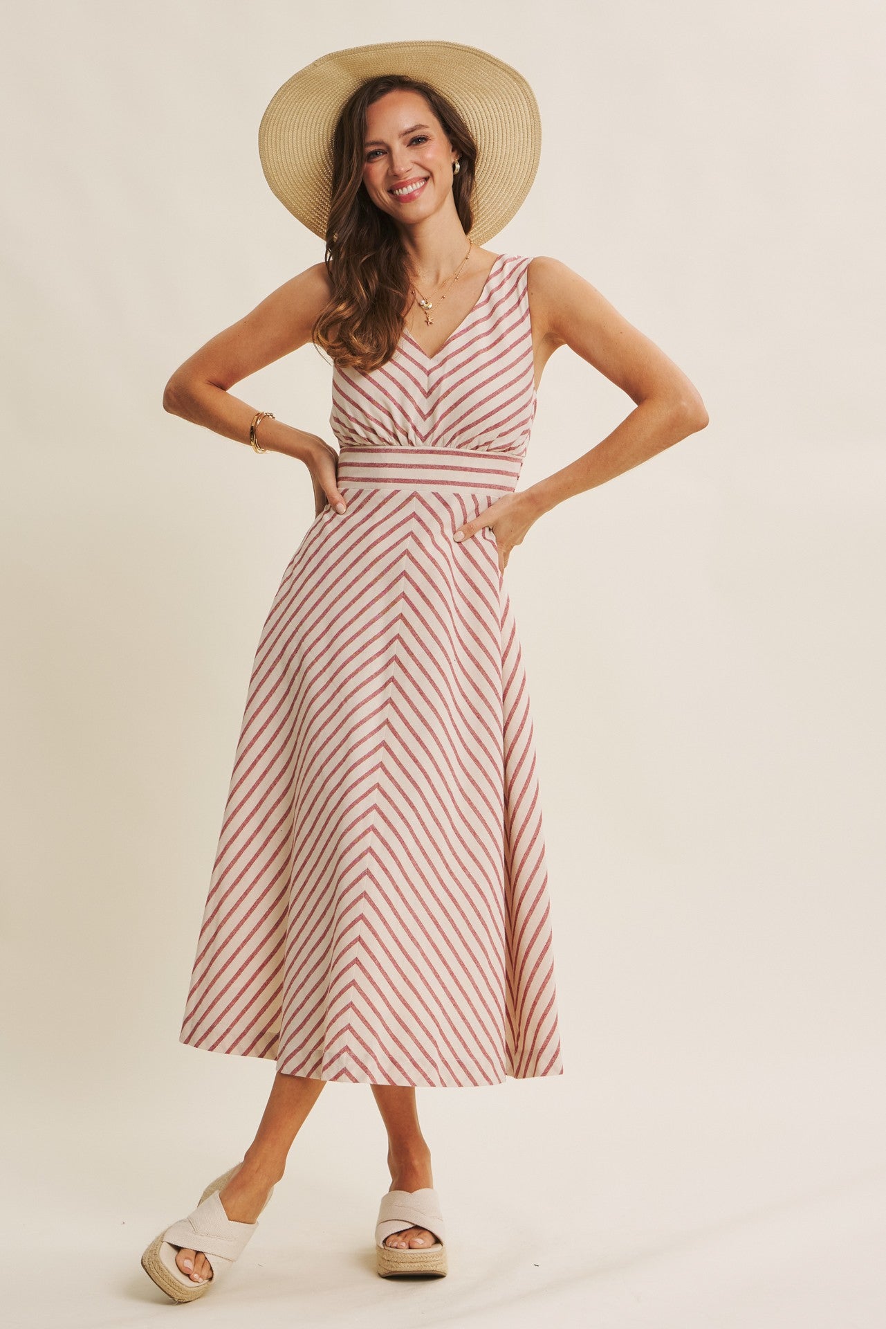 Fit and Flare Stripe Midi Dress in Red