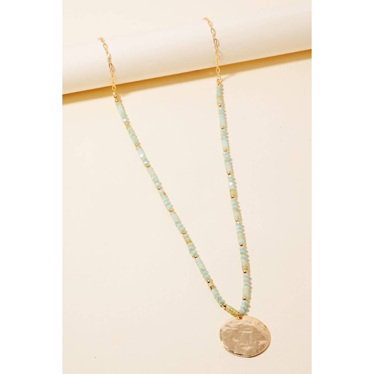 Hammered Disc Pendant Beaded Long Chain Necklace