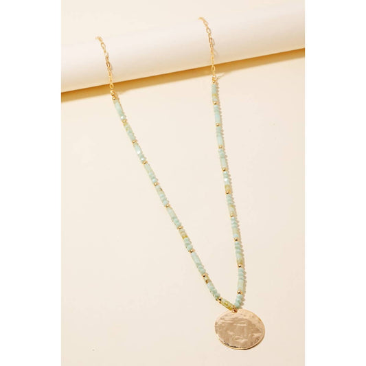 Hammered Disc Pendant Beaded Long Chain Necklace