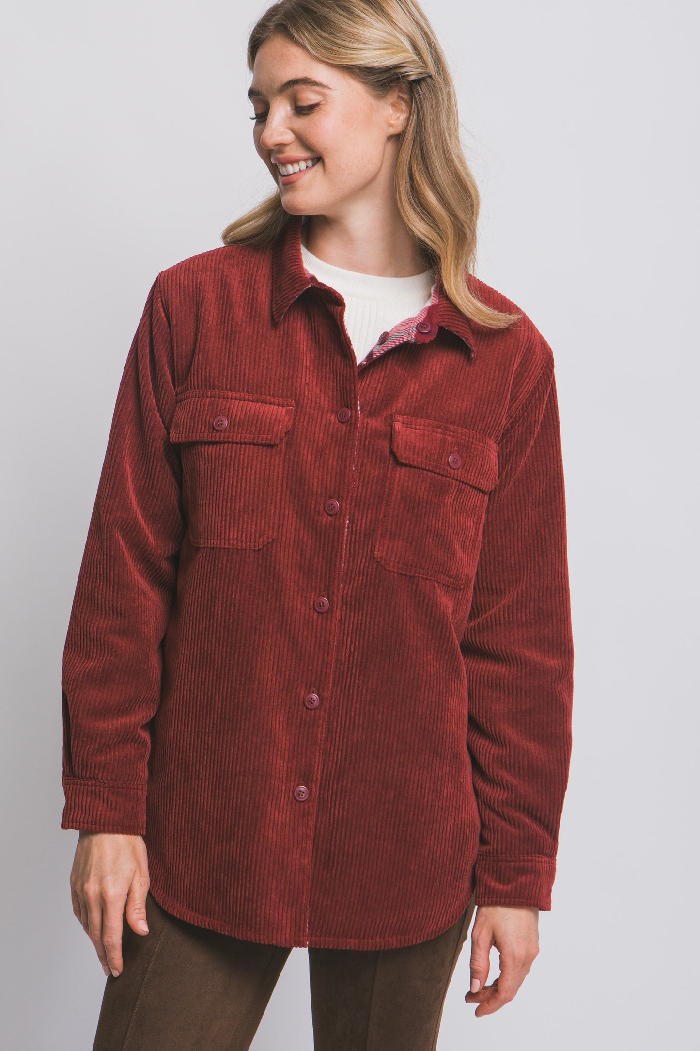 Corduroy Reversible Shacket in Burgundy
