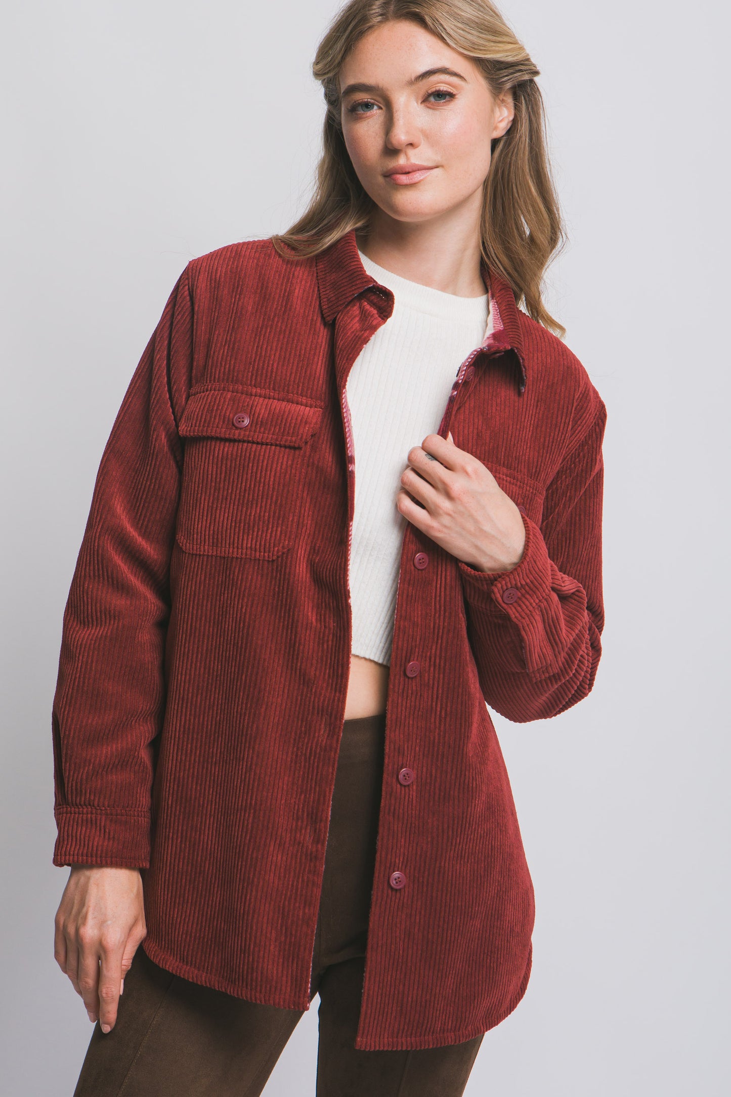 Corduroy Reversible Shacket in Burgundy