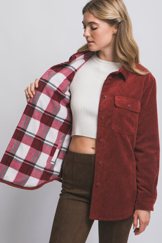 Corduroy Reversible Shacket in Burgundy