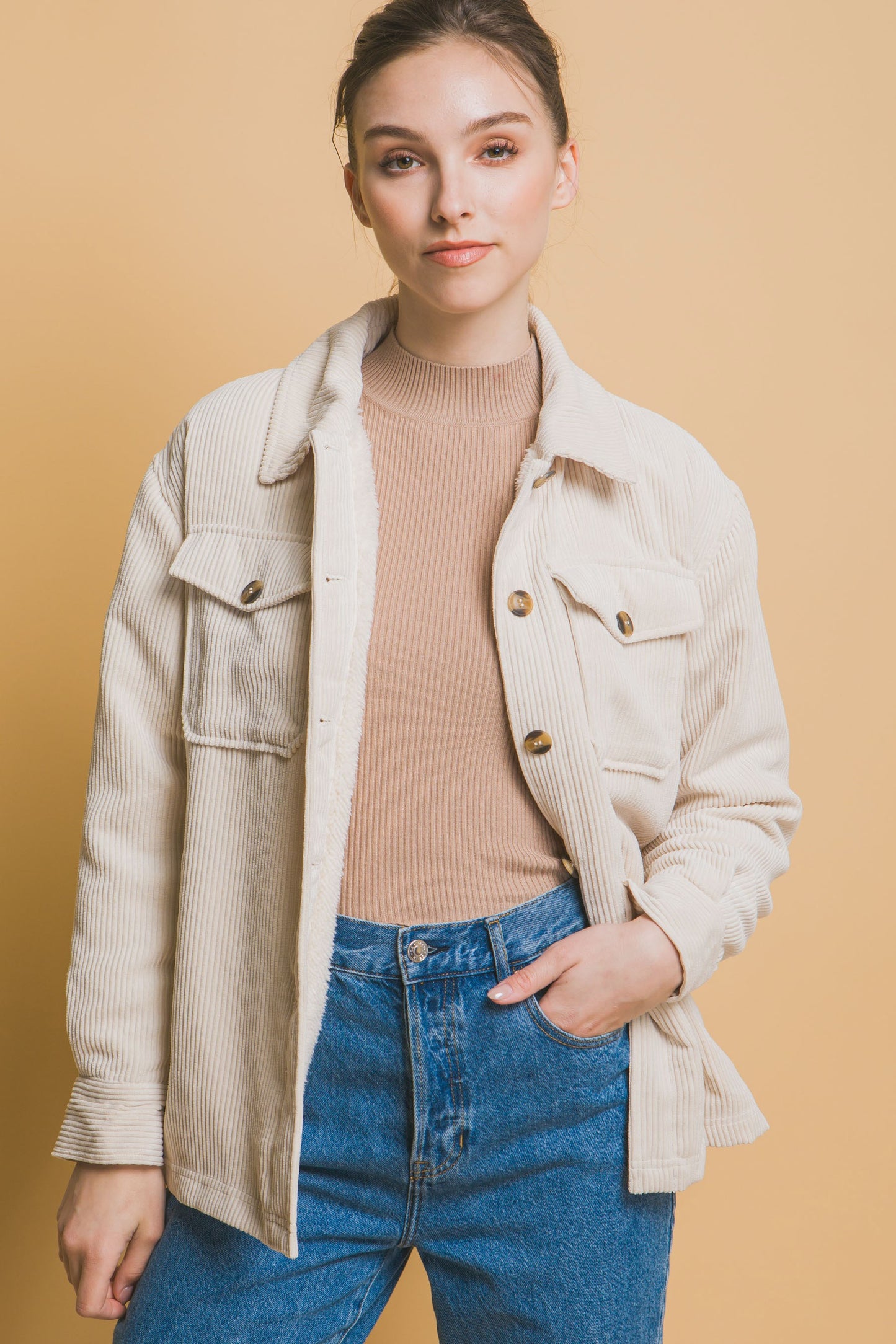 Corduroy Sherpa Lined Jacket in Cream