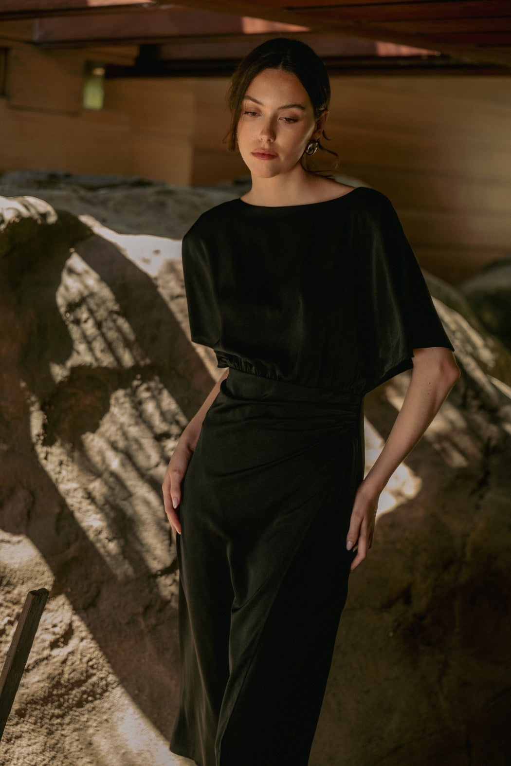 Satin Wrap Midi Dress in Black