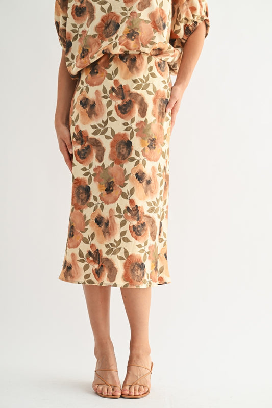 Flower Print Satin Skirt