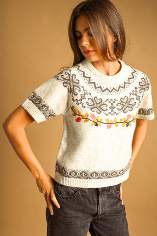 Leaf Embroidered Fair Isle Short Sleeve Sweater Top – Women's Sweater by MIOU MUSE