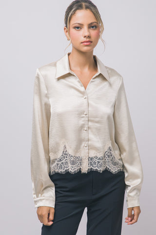 Satin Cropped Lace-Hem Blouse
