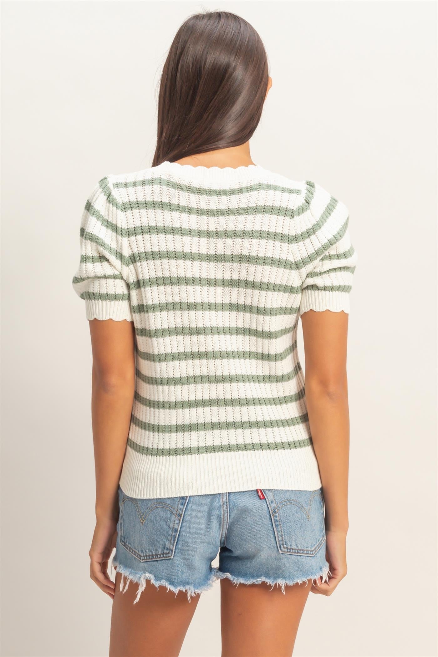 Striped Scallop Edge Puff Sleeve Knit Top
