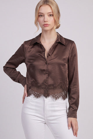 Satin Cropped Lace-Hem Blouse