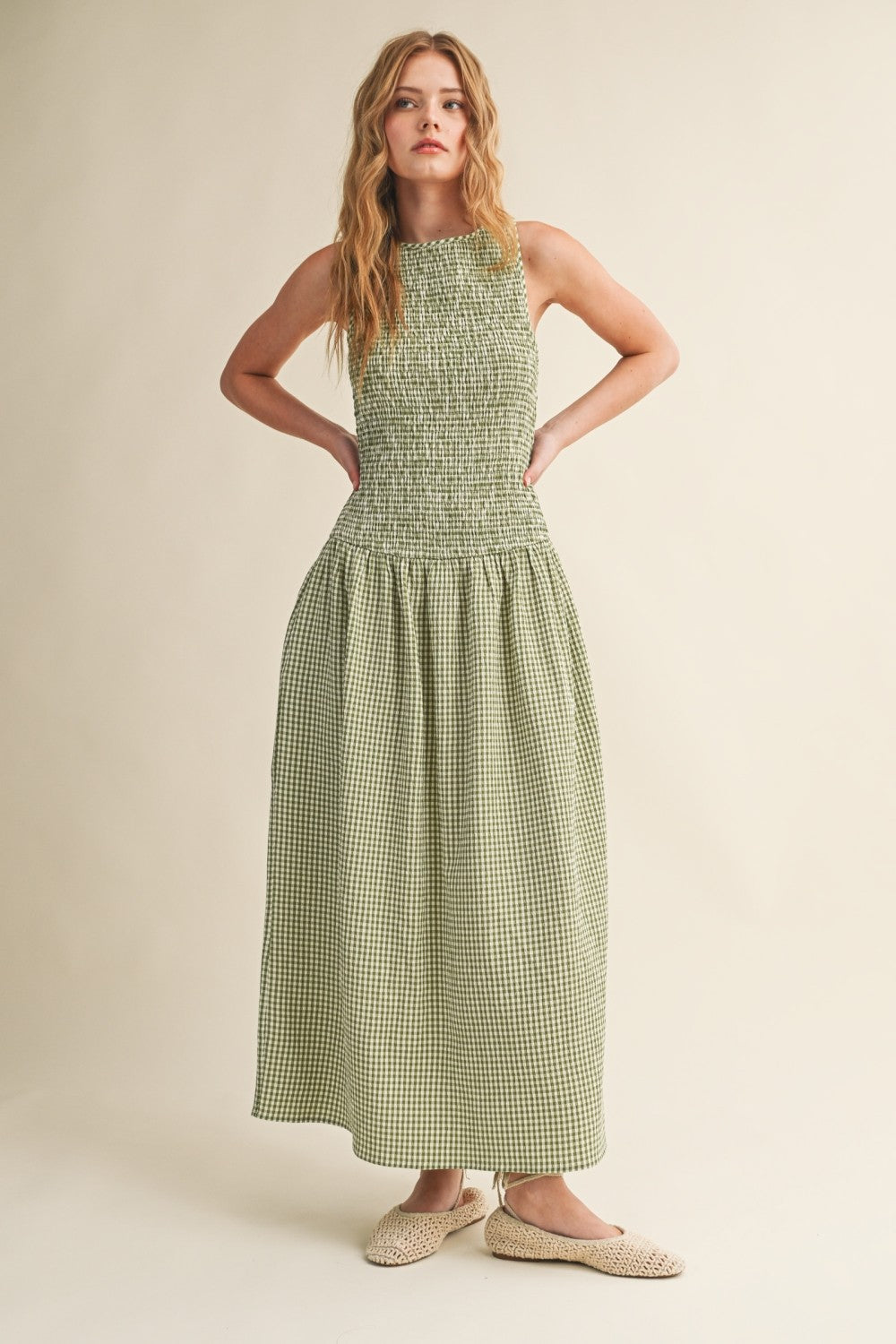 Long Smocked Bodice Maxi Dress in Green