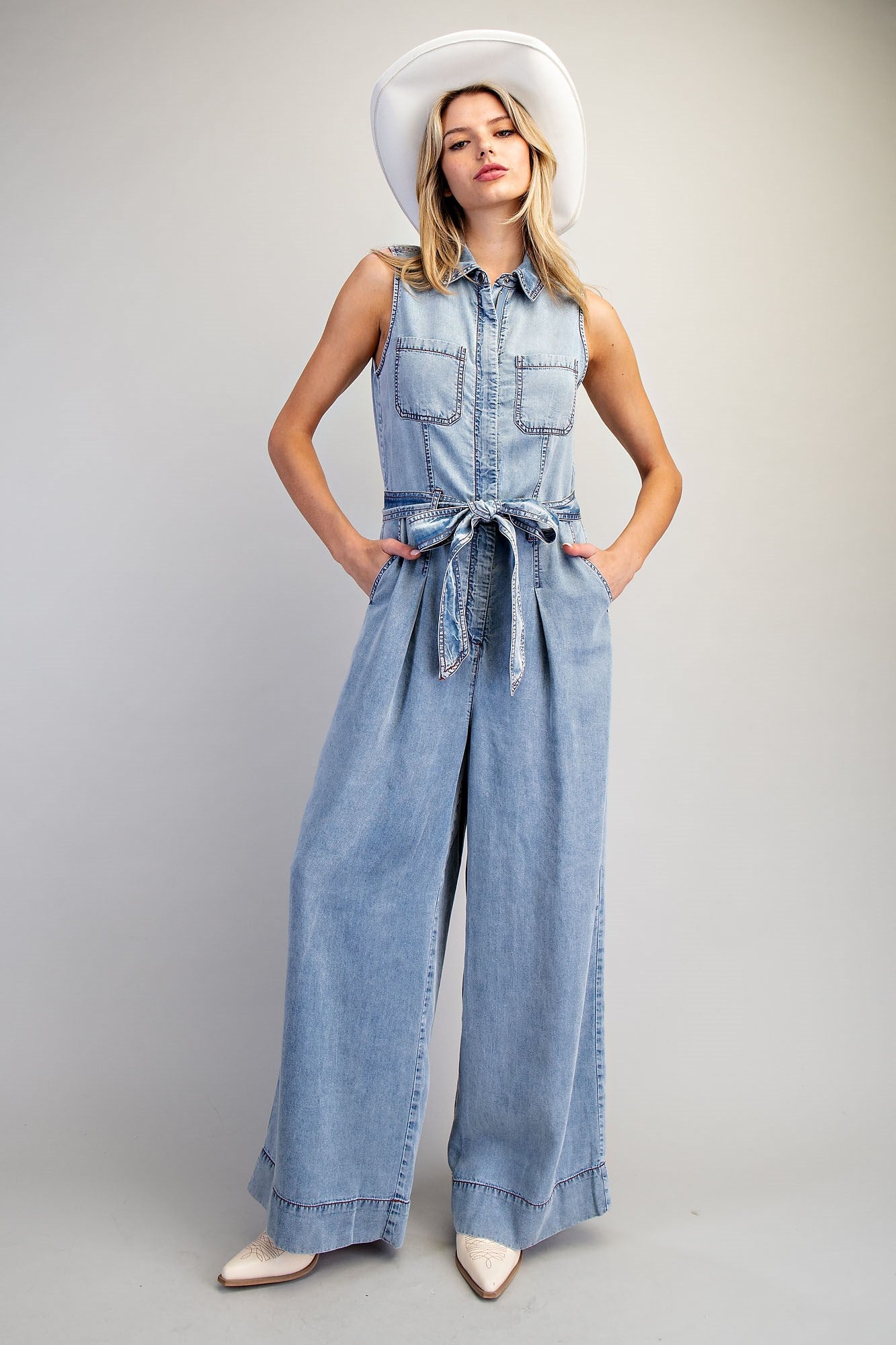 Tencel Button Down Jumpsuit W/ Tie
