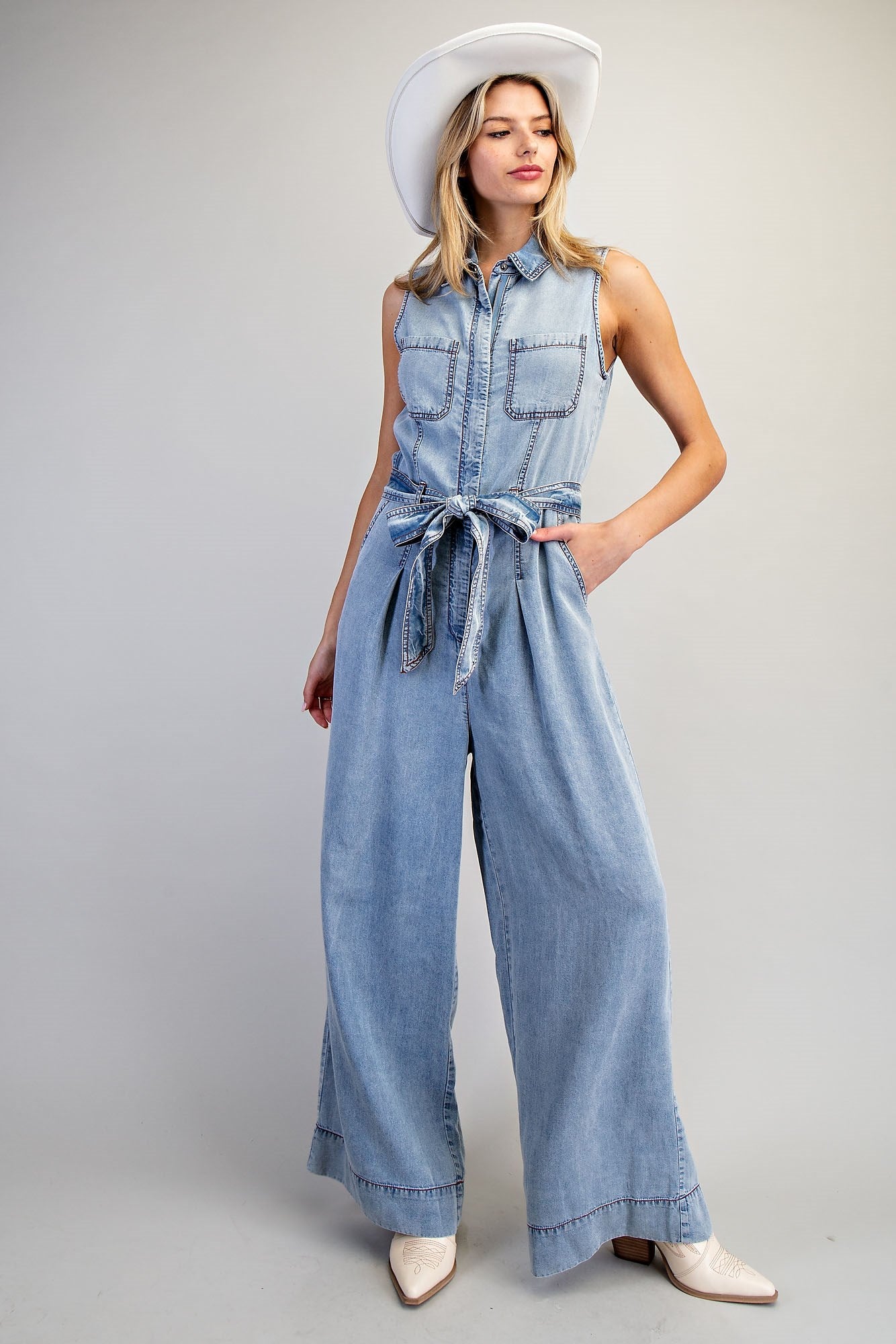Tencel Button Down Jumpsuit W/ Tie