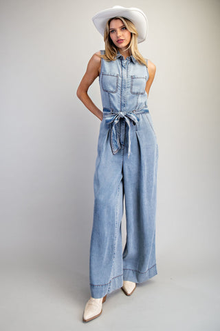 Tencel Button Down Jumpsuit W/ Tie