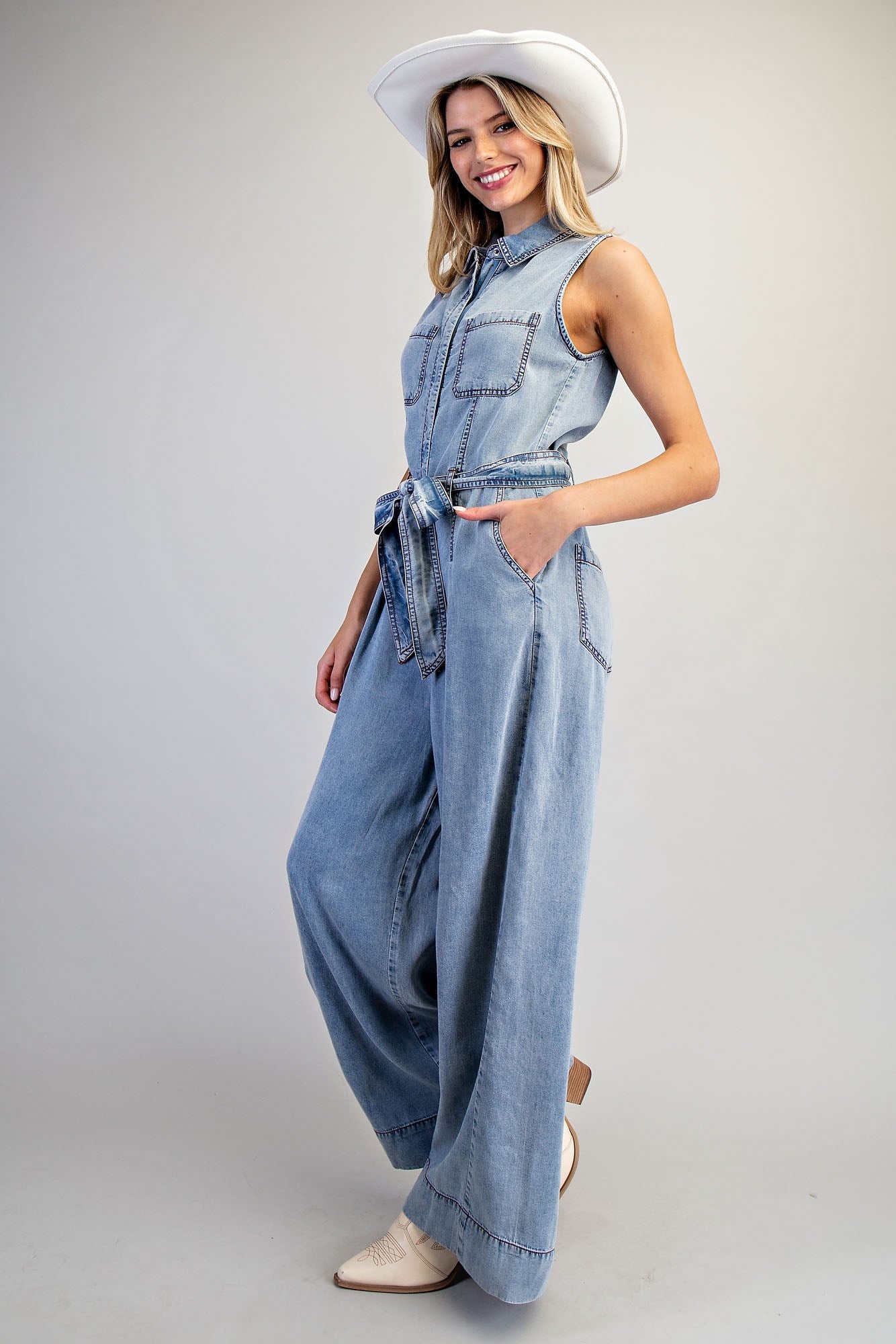 Tencel Button Down Jumpsuit W/ Tie