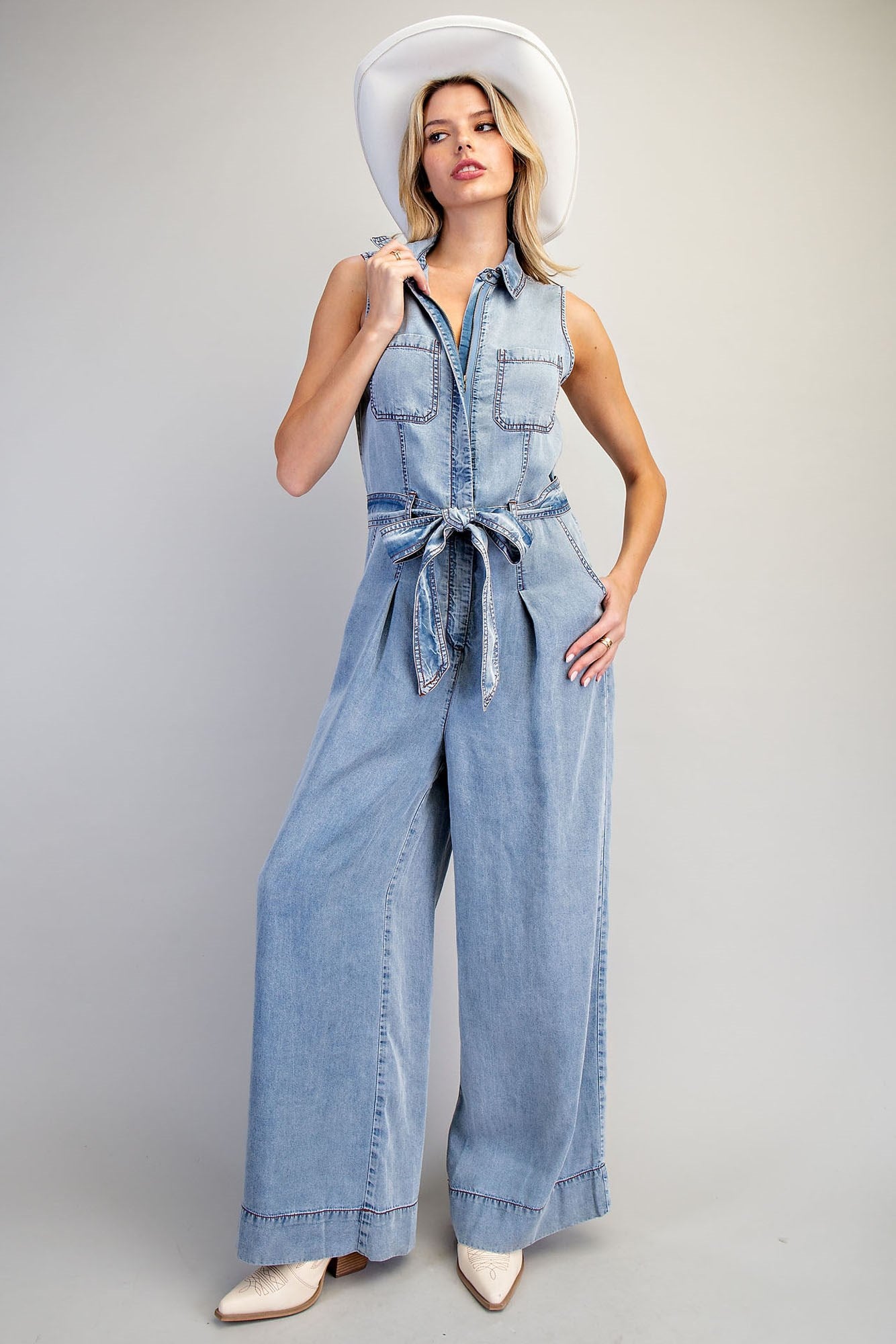 Tencel Button Down Jumpsuit W/ Tie