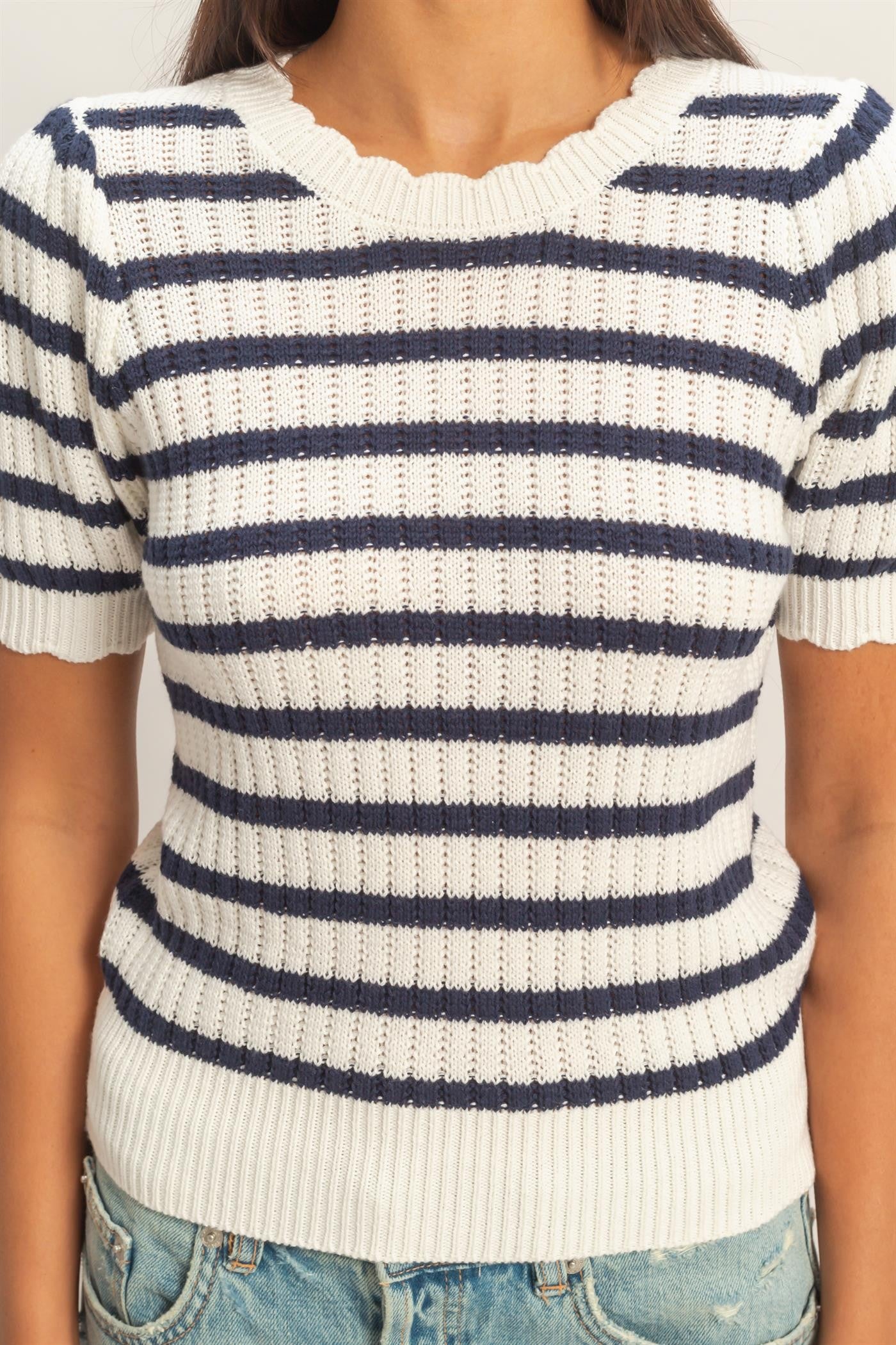 Striped Scallop Edge Puff Sleeve Knit Top
