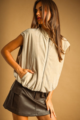 Faux Suede Zipper Front Vest Jacket in Ash Beige