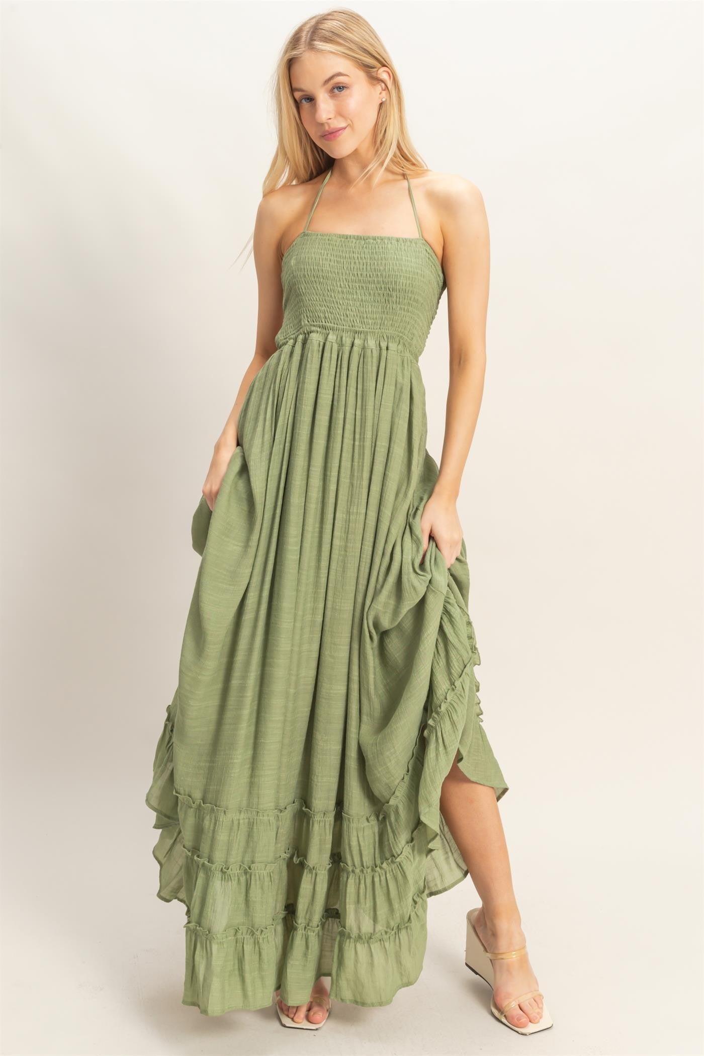 Smocked Halter Maxi Dress in Light Olive