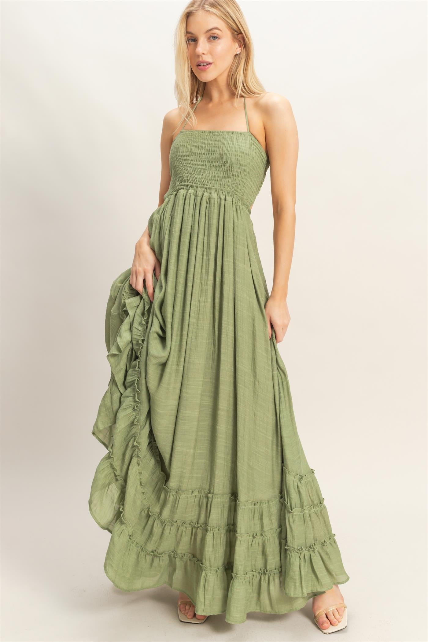 Smocked Halter Maxi Dress in Light Olive