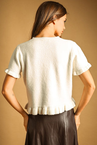 Ruffle Hem Short Sleeve Sweater Top in Cream