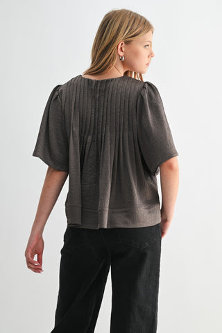 Texture Satin Pin Tuck Detail Blouse in Brown