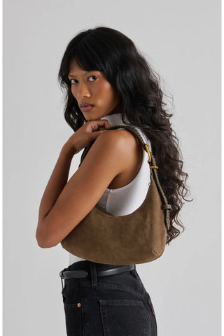 Zamora Suede Crescent Shoulder Bag in Dark Taupe – Women's Suede Bag by Dolce Vita