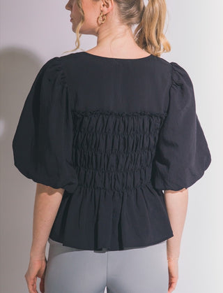 Puff Sleeve Smocked Bodice Top in Black