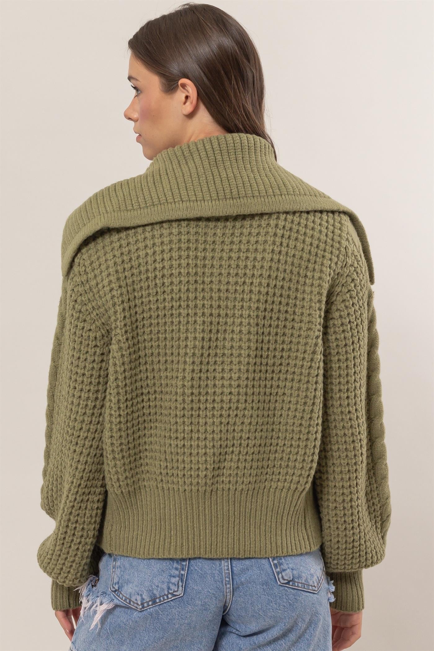 Chunky Front Zip Sweater Jacket in Olive