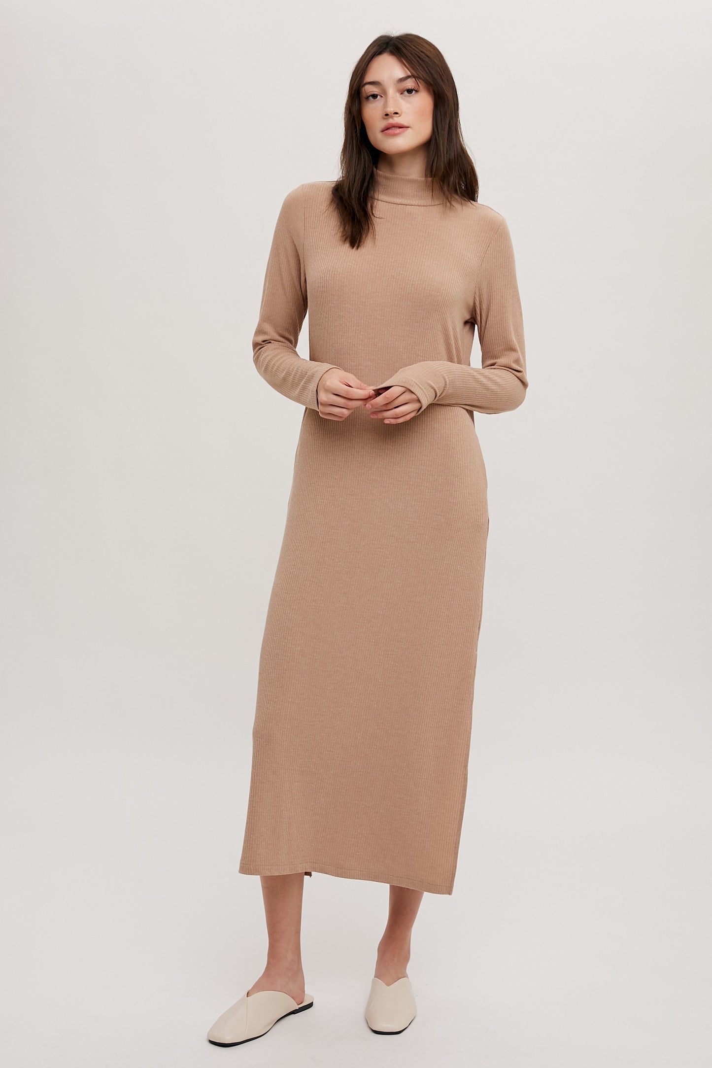 Mock Neck Knit Midi Dress in Taupe