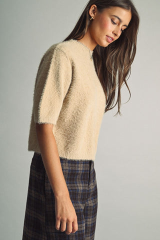 MIOU MUSE Cropped Eyelash Faux-Fur Sweater in Tan