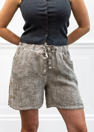 Elastic Waist Linen Shorts in Taupe