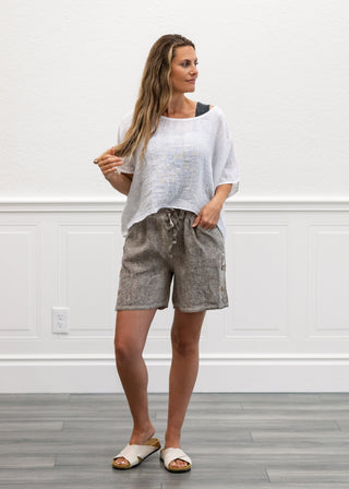 Elastic Waist Linen Shorts in Taupe