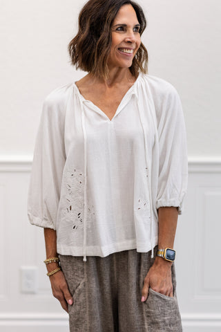 Embroidered Peasant Top in Off White