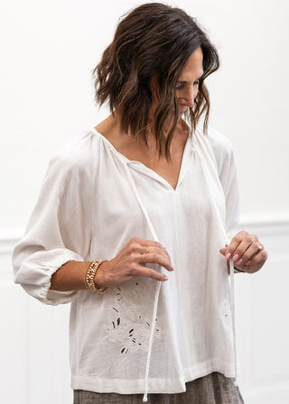 Embroidered Peasant Top in Off White