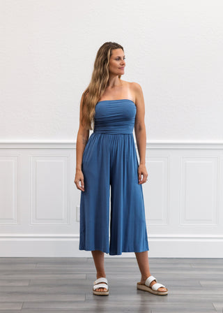 Tube Top Cropped Jumpsuit in Dusty Blue