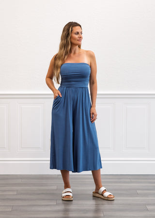 Tube Top Cropped Jumpsuit in Dusty Blue