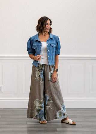 Smocked Print Pants in Taupe