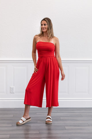 Tube Top Cropped Jumpsuit in Ruby