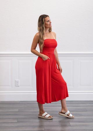 Tube Top Cropped Jumpsuit in Ruby